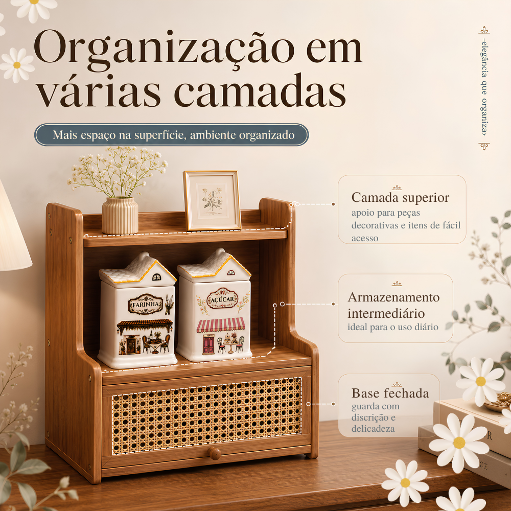 Organizador de Bancada em Bambu com Porta Retrátil Vó Alice